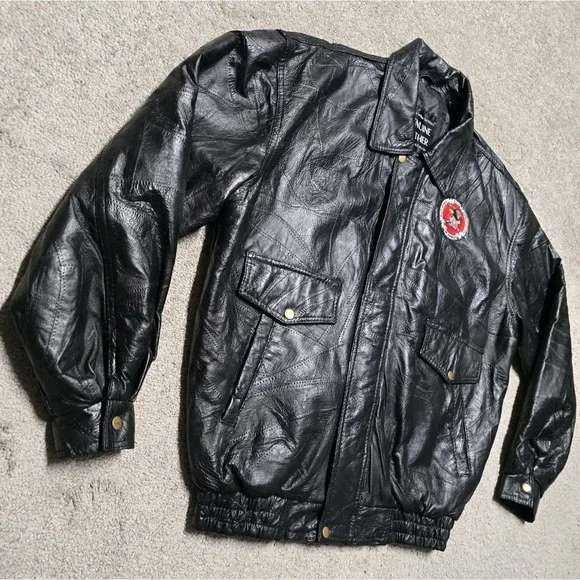 VTG Napoline Leather Outfitters NRA Patchwork Bomber Jacket Coat Leather Mens XL